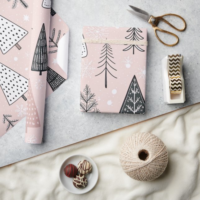 modern whimsical holidays trees pink pattern wrapping paper (Crafts)