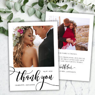 Modern Whimsical Huge Script 2 Photo Wedding  Thank You Card