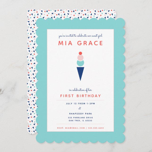 Modern Whimsical Ice Cream in Aqua Blue Invitation (Front/Back)