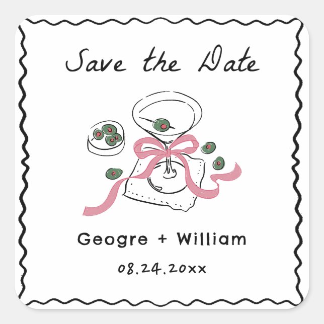 Modern & Whimsical Martini Hand Drawn Wedding Square Sticker (Front)