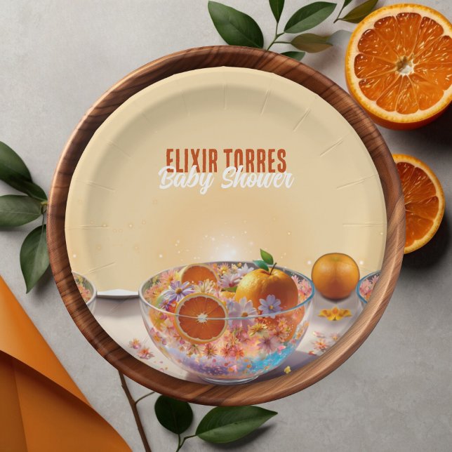 Modern Whimsical Orange Citrus Photo Baby Shower Paper Plate (Creator Uploaded)