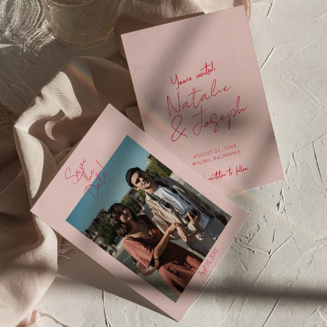 Modern Whimsical Pink Red Retro Photo Wedding  Save The Date (Creator Uploaded)