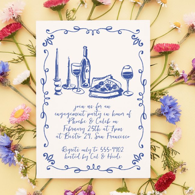 Modern Whimsical Pizza Wine Doodle Engagement Invitation (Creator Uploaded)