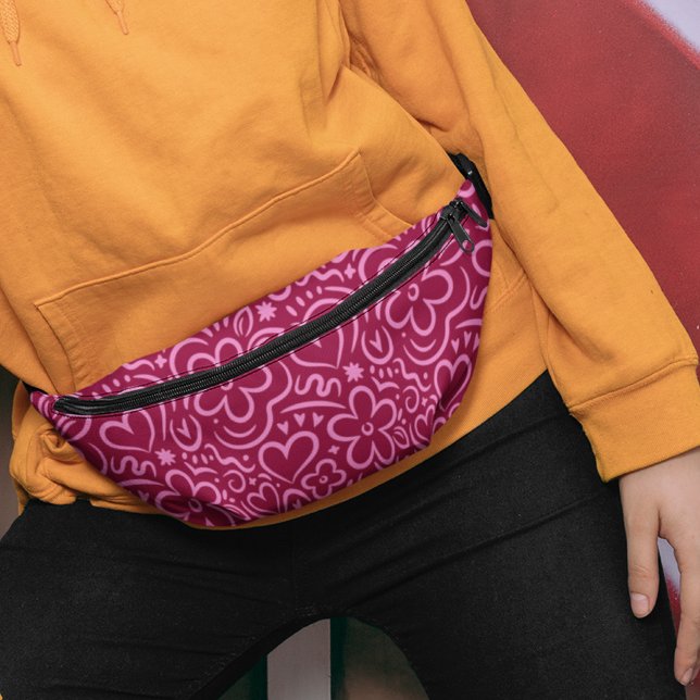 Modern Whimsical Red Pink Flower Heart Doodle Bum Bags (Creator Uploaded)