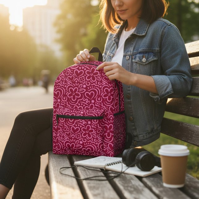 Modern Whimsical Red Pink Flower Heart Doodle Printed Backpack (Creator Uploaded)