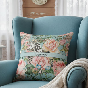 Modern Whimsical Roses And Clocks Pattern Blue Cushion