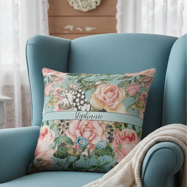 Modern Whimsical Roses And Clocks Pattern Blue Cushion (Creator Uploaded)