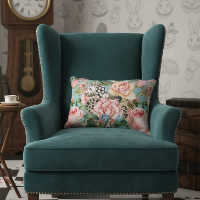 Modern Whimsical Roses And Clocks Pattern Blue Decorative Cushion (Creator Uploaded)