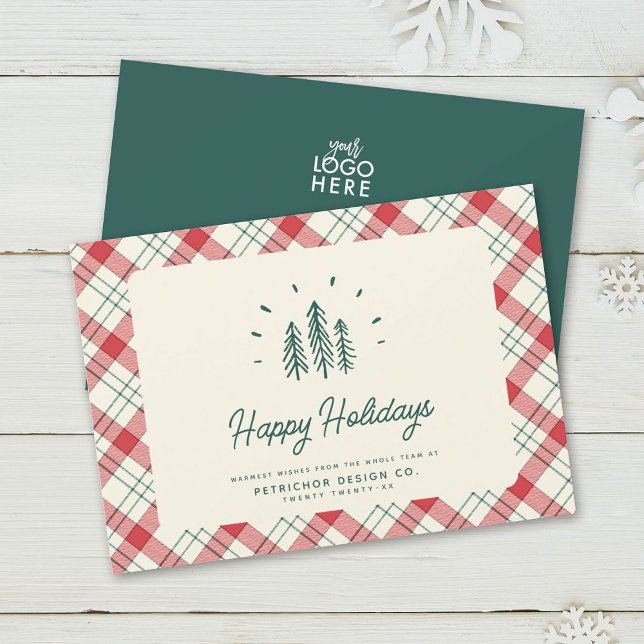 Modern Whimsical Rustic Trees Retro Logo Business Holiday Card (Creator Uploaded)