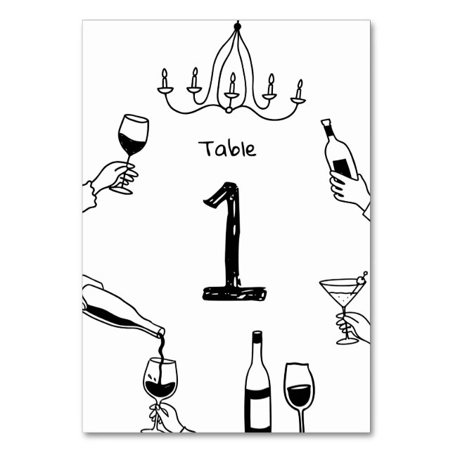 Modern Whimsical Wedding | Hand Drawn Doodle Wine  Table Number (Front)