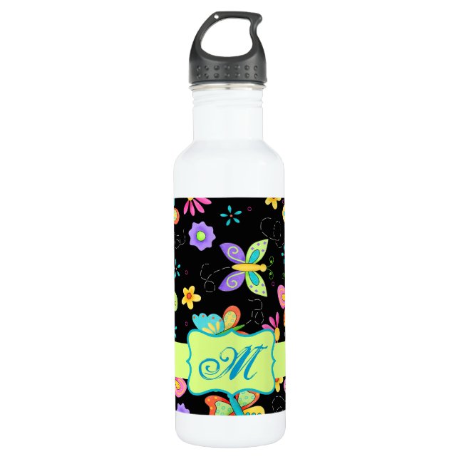 Modern Whimsy Butterflies on Black Monogram 710 Ml Water Bottle (Front)