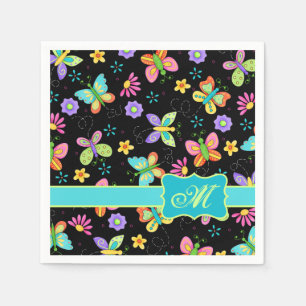 Modern Whimsy Butterflies on Black Monogram Napkin