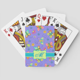 Modern Whimsy Butterflies on Purple  Monogram Playing Cards