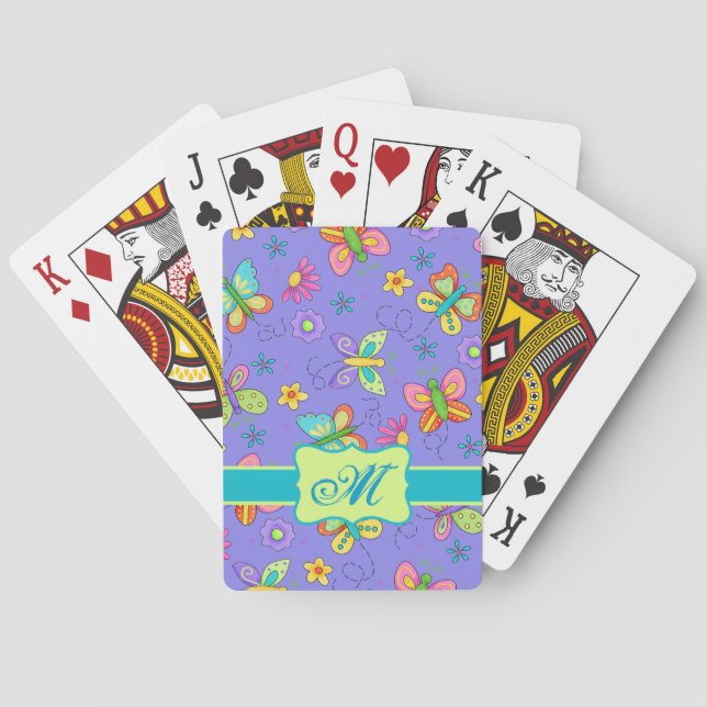 Modern Whimsy Butterflies on Purple  Monogram Playing Cards (Back)