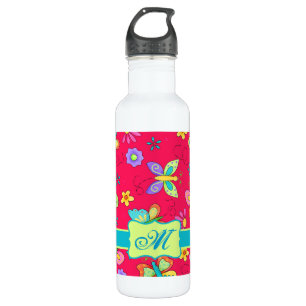 Modern Whimsy Butterflies on Red Monogram Personal 710 Ml Water Bottle