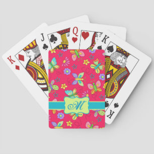 Modern Whimsy Butterflies on Red Monogram Personal Playing Cards