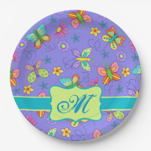 Modern Whimsy Butterflies Purple Lavender Monogram Paper Plate