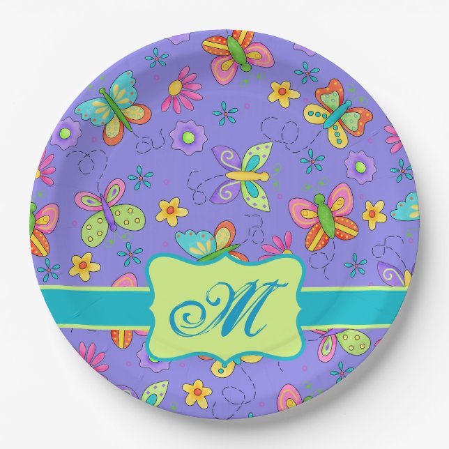 Modern Whimsy Butterflies Purple Lavender Monogram Paper Plate (Front)