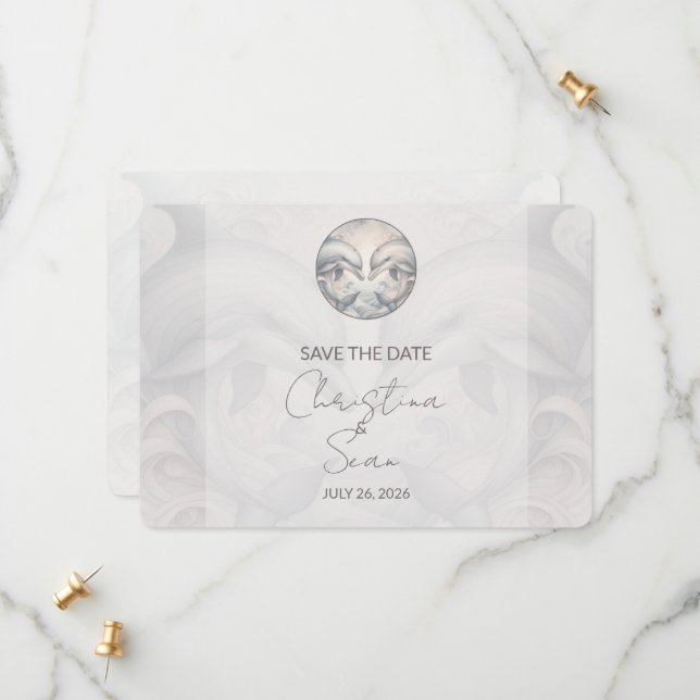 Modern Whimsy Dolphin Wedding Save The Date Card (Front/Back In Situ)