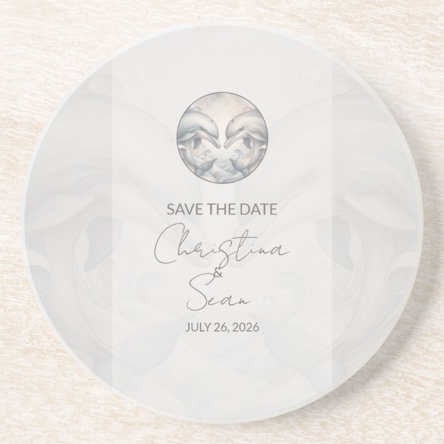 Modern Whimsy Dolphin Wedding Save the Date Coaster (Front)