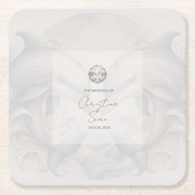 Modern Whimsy Dolphin Wedding Square Paper Coaster (Front)