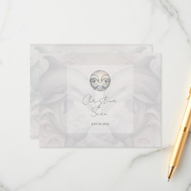 Modern Whimsy Dolphins Wedding QR Code Enclosure C (Front/Back In Situ)