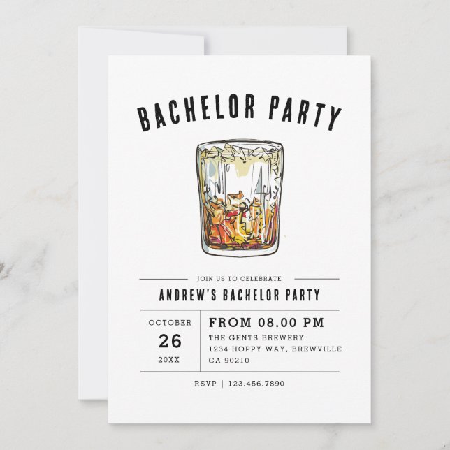 Modern Whiskey Glass Typography Bachelor Party  In Invitation (Front)