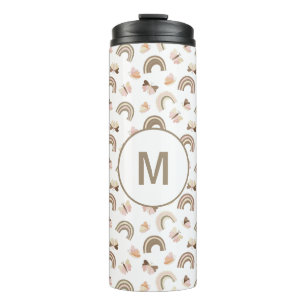 Modern Whit Pink Butterflies Rainbow Monogram Thermal Tumbler