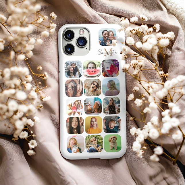 Modern White 16 Photo Collage & Monogram iPhone Case (Creator Uploaded)