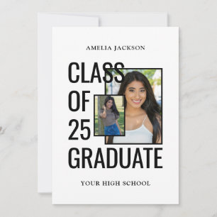 Modern White 2 Photos Class Of 25 Grad Open House Invitation