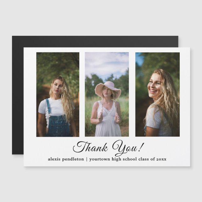 Modern White 3 Photo Graduation Thank You Magnetic Invitation (Front/Back)
