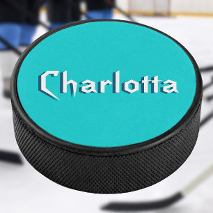 Modern White 3D Cuztomized Name Turquoise Blue Hockey Puck