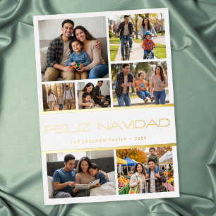 Modern White 7 Photo Collage Feliz Navidad Foil Holiday Card