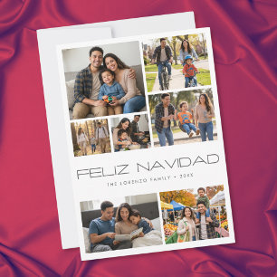 Modern White 7 Photo Collage Feliz Navidad Holiday Card