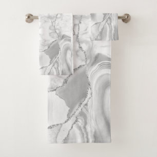 Modern White Agate Silver Abstract Marble Bath Towel Set