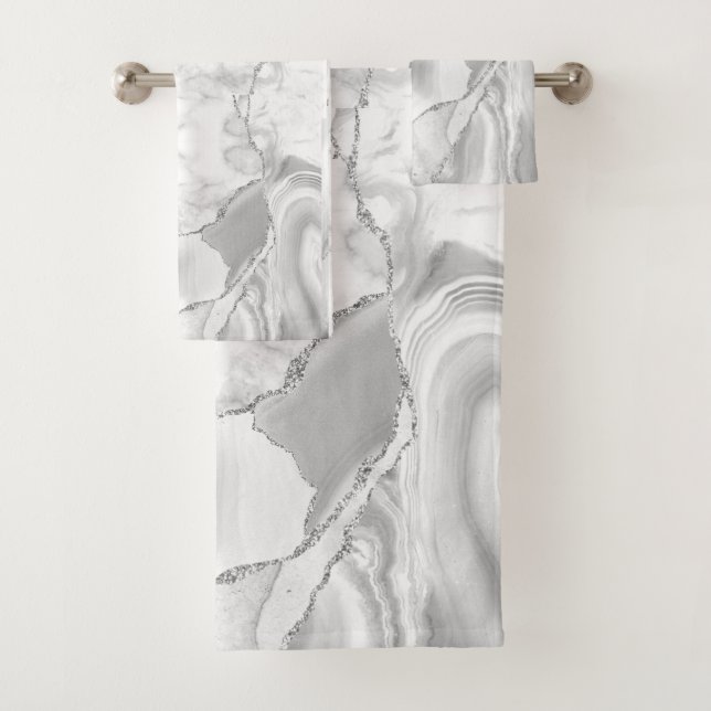 Modern White Agate Silver Abstract Marble Bath Towel Set (Insitu)