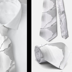 Modern White Agate Silver Abstract Marble Tie