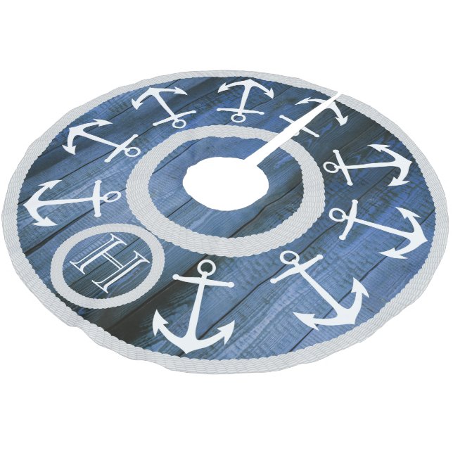 Modern White Anchors and Rope Nautical Blue Wood Brushed Polyester Tree Skirt (Angled)