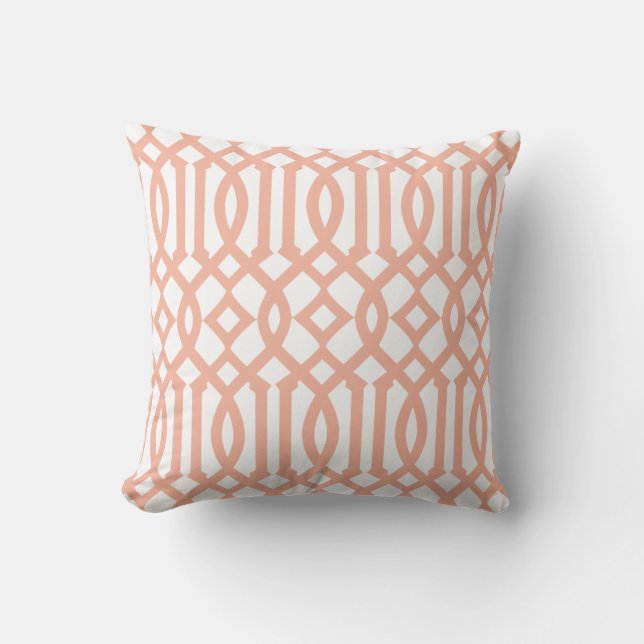 Modern White and Apricot Orange Trellis Pattern Cushion (Front)