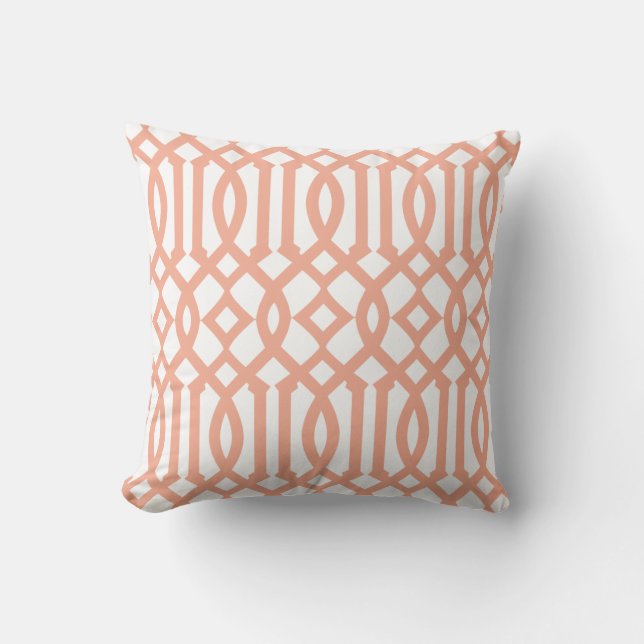 Modern White and Apricot Orange Trellis Pattern Cushion (Front)