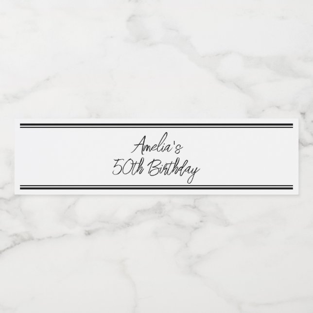 Modern White and Black Birthday Party Water Bottle Label (Single Label)