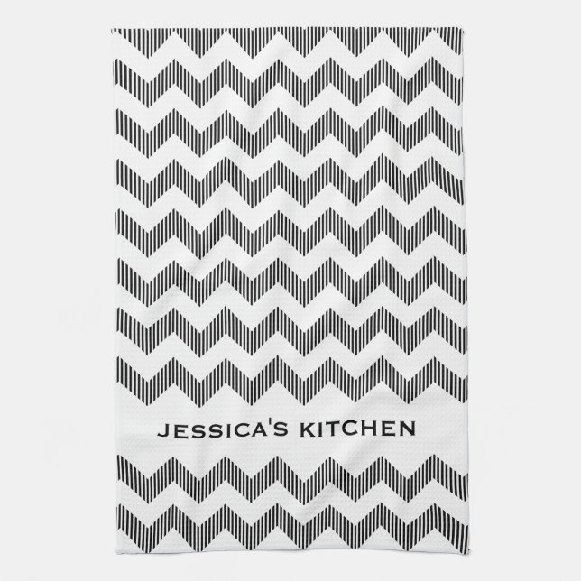 Modern White And Black Chevron Pattern Tea Towel (Vertical)