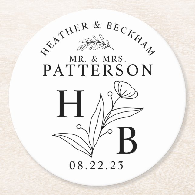 Modern White and Black Floral Laurel Wedding Round Paper Coaster (Front)