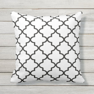 Modern White and Black Moroccan Quatrefoil Outdoor Cushion
