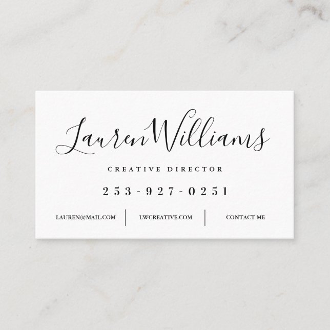 Modern White and Black Script Business Card (Front)