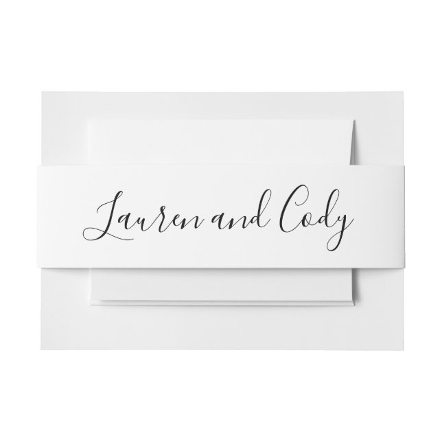 Modern White and Black Script Invitation Belly Band (Front Example)