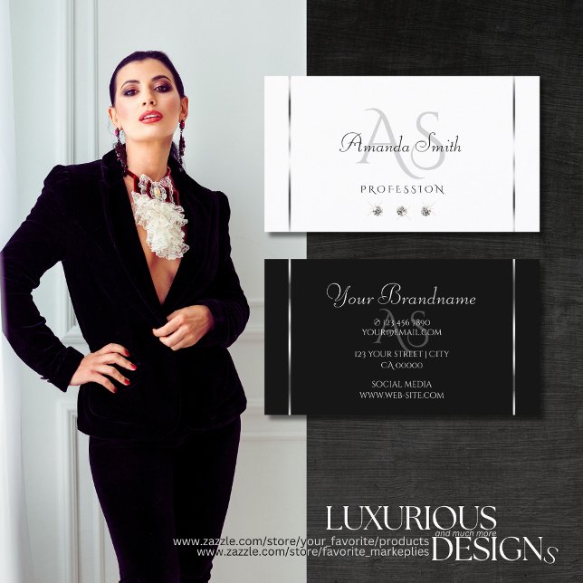 Modern White and Black Shimmery Diamonds Initials Business Card (Creator Uploaded)