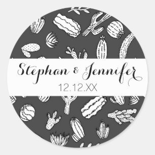 Modern White and Black Succulent Cactus Pattern Classic Round Sticker