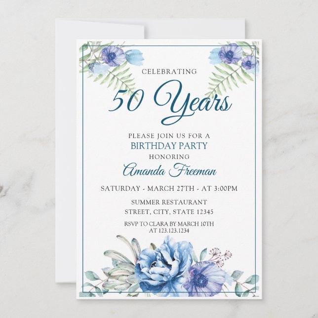Modern White and Blue Floral Mother Birthday Invitation (Front)