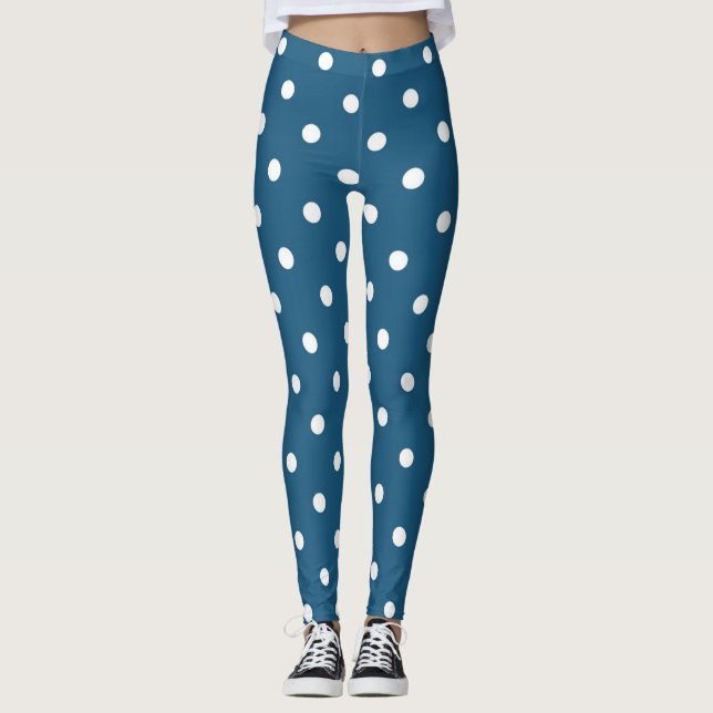 Modern white and blue polka dots spots pattern leggings (Front)